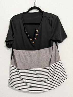 Shein Women's Striped Grey & Black Top w/ Buttons (Medium)